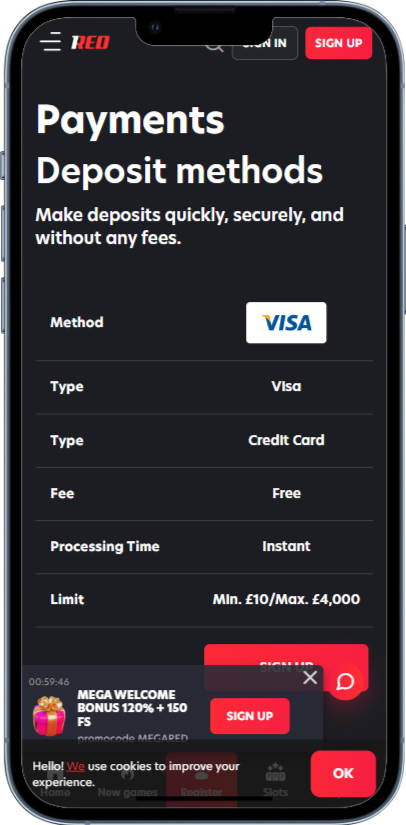 Payment methods in 1red Casino's mobile app