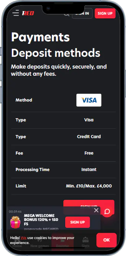 Payment methods in 1red Casino's mobile app
